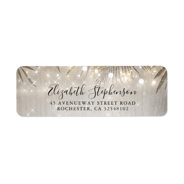 Handflatan Träd Löv och String Ljus Beach Party Returadress Etikett (Framsidan)