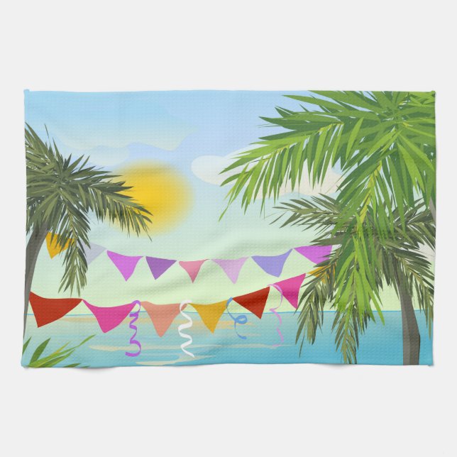 Handflatan träd med Bunting och Sol med diskhanddu Kökshandduk (Horisontell)