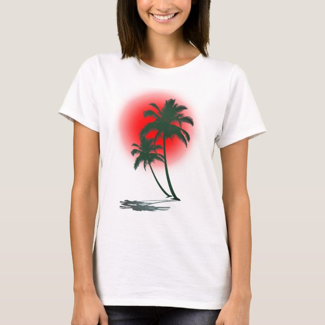 Handflatan Träd med Röda Sol T Shirt (Framsida)