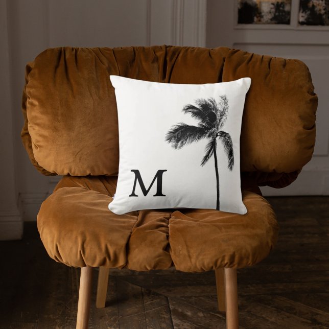 Handflatan Träd Monogram Black & White Dekorativ k Kudde (Palm Tree Monogram Black & White Throw Pillow)