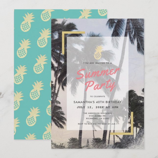 Handflatan Träd och ananas sommardag Party Vuxen v Inbjudningar (Fram/baksida)