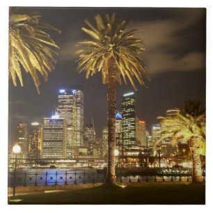 Handflatan Träd och CBD i Night, Sydney, New Sout Kakelplatta