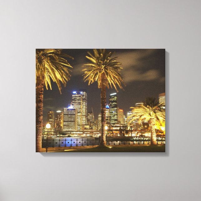 Handflatan Träd och CBD i Night, Sydney, New South Canvastryck (Framsida)