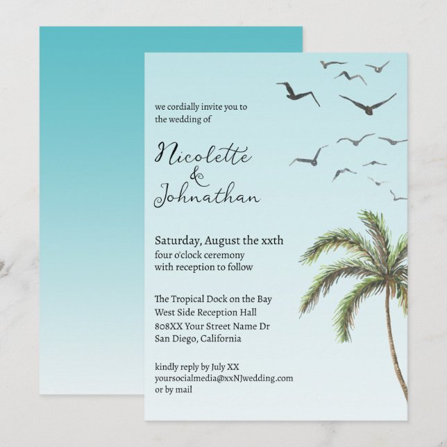 Handflatan Träd och fågel Simple Beach Wedding Inbjudningar (Fram/baksida)