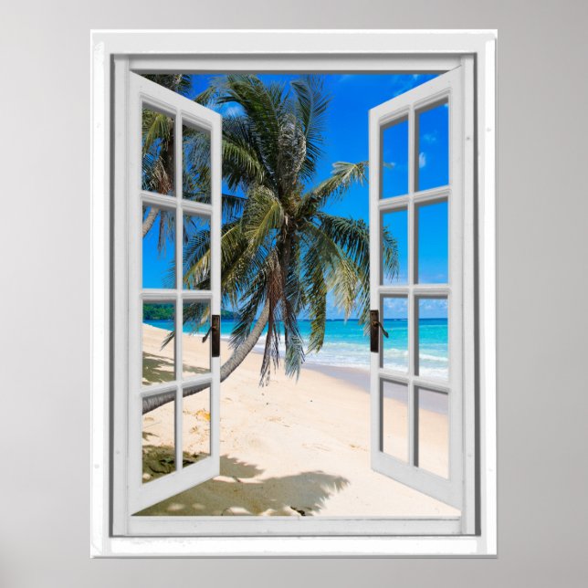Handflatan Träd och Ocean View Faux Window Poster (Framsidan)