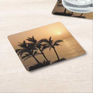 Handflatan Träd och Romantic Sunset Underlägg Papper Kvadrat