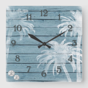 Handflatan Träd och Sand Dollars Blue Rustic Wood Fyrkantig Klocka