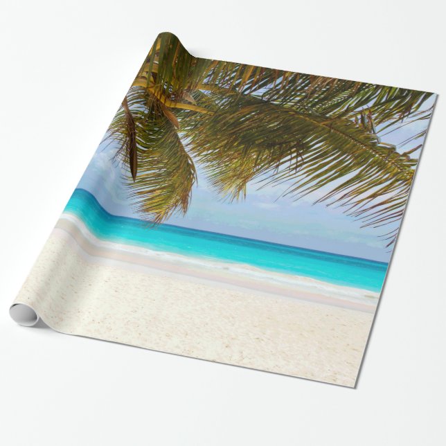 Handflatan Träd om Beach Blue Sea & Himlar Presentpapper (Utrullad)