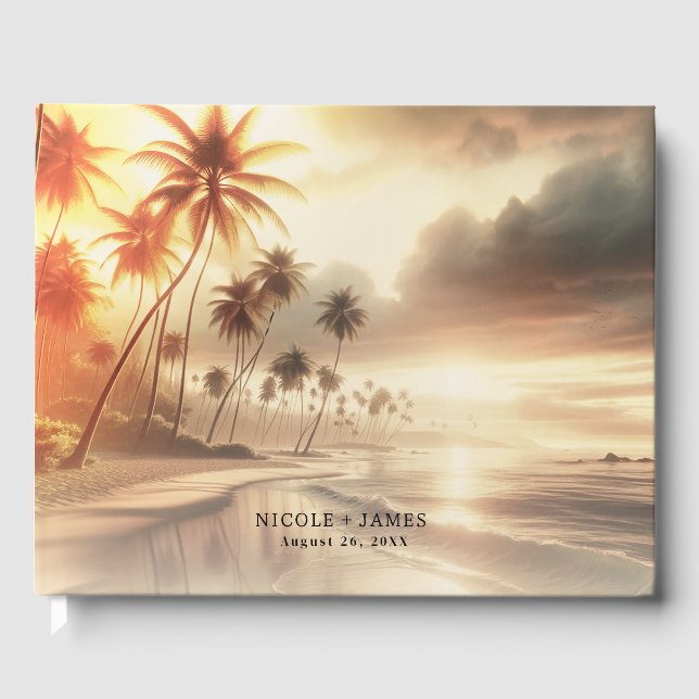 Handflatan Träd & Orange Sunset Beach Wedding Gästböcker (Framsida)