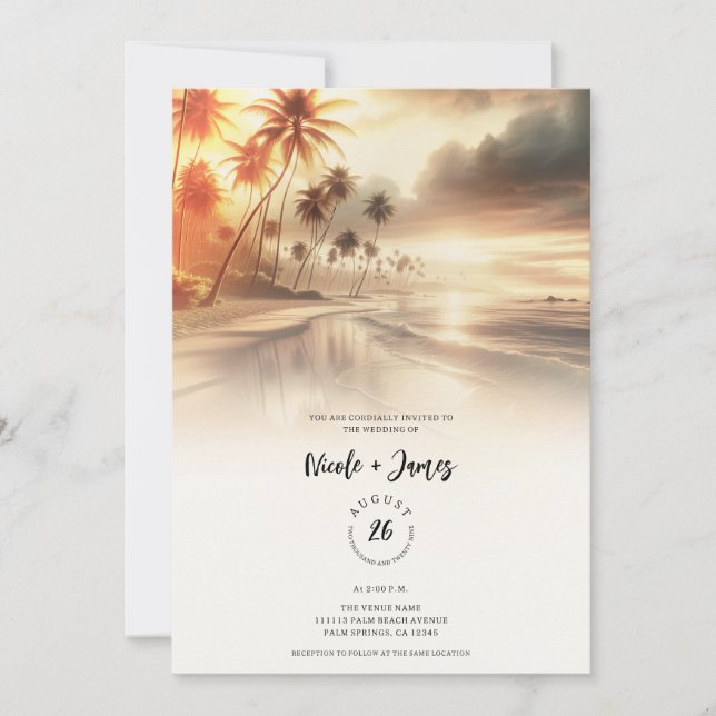Handflatan Träd & Orange Sunset Beach Wedding Inbjudningar (Framsida)