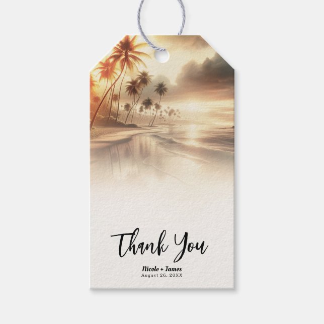 Handflatan Träd & Orange Sunset Beach Wedding Presentetikett (Framsidan)