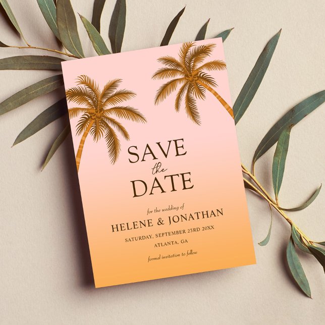 Handflatan Träd-persikodestinationen Tropical Bröl Spara Datumet (Palm Tree Beach Destination Tropical Wedding Save The Date)