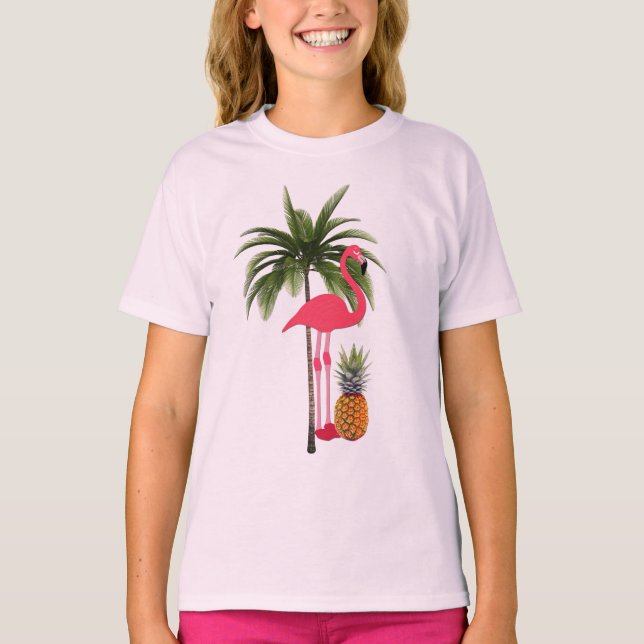 Handflatan Träd, Rosa Flamingo, Pineapple Girl's T Shirt (Framsida)