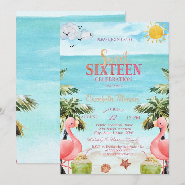 Handflatan Träd Rosa Flamingos Tropical Inbjudningar (Fram/baksida)