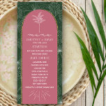 Handflatan Träd Rosa & Grönt Beach Wedding Meny<br><div class="desc">Vita handflatan lämnar teckning mönster över gröntens bakgrund. Vit text och handflatan träd teckning över rosa bågbakgrund i den gyllene gulten.</div>