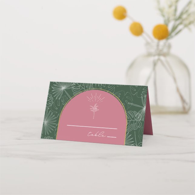 Handflatan Träd Rosa & Grönt Beach Wedding Placeringskort (Framsida)