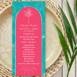 Handflatan Träd Rosa och Blue Beach Wedand Meny<br><div class="desc">Vit handflatan lämnar linjen teckning mönster över blå bakgrund. Vit text och handflatan träd teckning över rosa bågbakgrund</div>