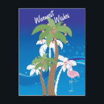 Handflatan Träd, Santa Flamingo Beach-Helgdag Helg Vykort<br><div class="desc">Detta varmaste Önskemål Julhälsningar kort med handflatan träd som dekorerats med julgranen ljus och en flamingo med en julhatt mot coolans blå och vita abstrakt strandbakgrund. Hälsning ~ varmaste Önskemål för de äldsta yulerna</div>