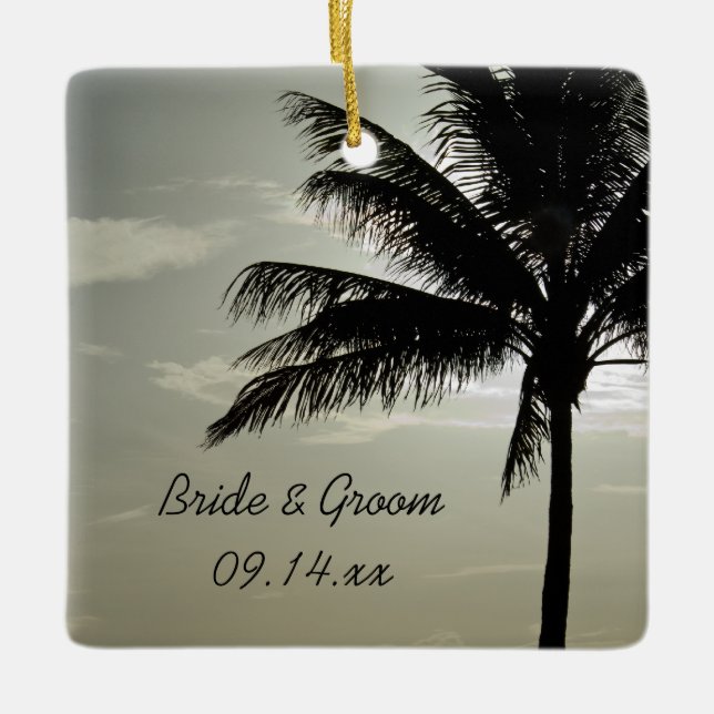 Handflatan Träd Silhouette Beach Wedding Square Julgransprydnad Keramik (Framsida)