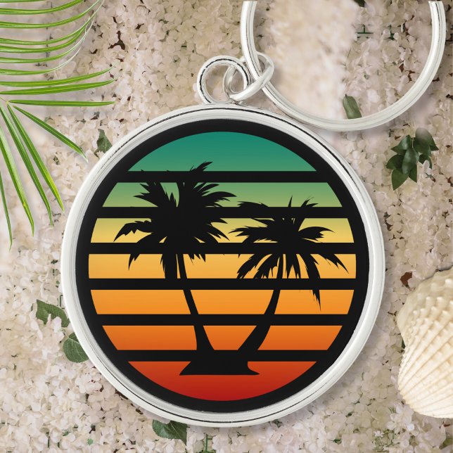 Handflatan Träd Silhouette Black Rand Rund Silverfärgad Nyckelring (Palm Tree Silhouette Key Chain)