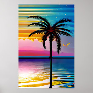 Handflatan Träd Silhouette, Fiskmås och Colorful S Poster