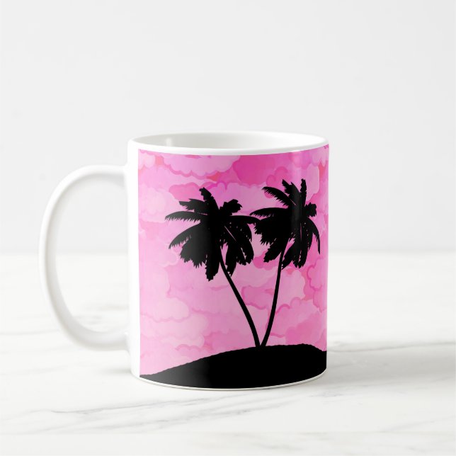Handflatan Träd Silhouette mot gryningens Rosa med Kaffemugg (Vänster)