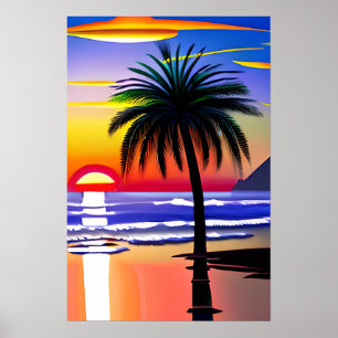 Handflatan Träd Silhouette och Colorful Sunset Poster
