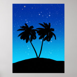 Handflatan Träd Silhouette på kvällen Blue med stj Poster