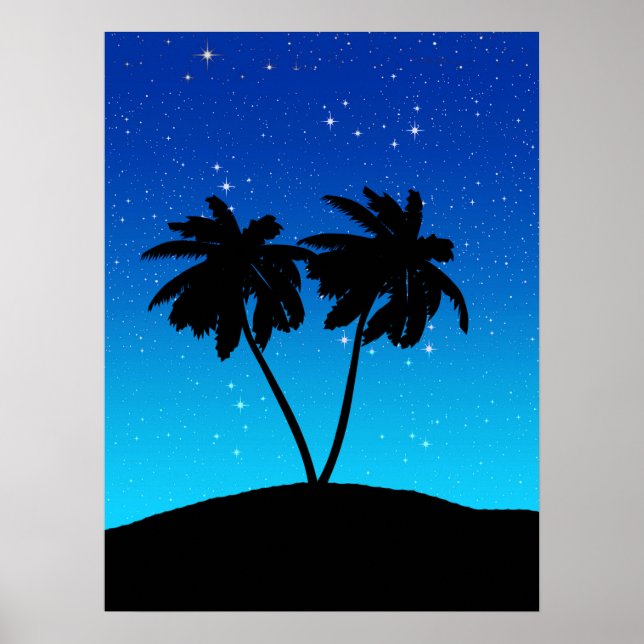 Handflatan Träd Silhouette på kvällen Blue med stj Poster (Framsidan)