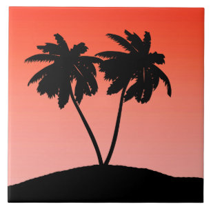 Handflatan Träd Silhouette på Sunset Orange Kakelplatta
