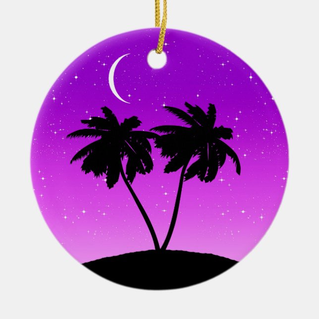 Handflatan Träd Silhouette, Twilight Lila med Star Julgransprydnad Keramik (Framsidan)