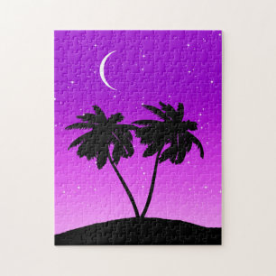 Handflatan Träd Silhouette, Twilight Lila med Star Pussel