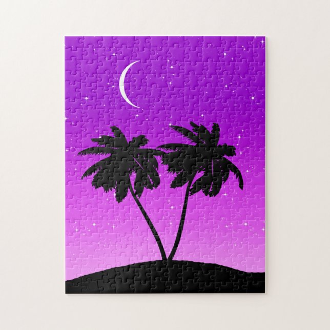 Handflatan Träd Silhouette, Twilight Lila med Star Pussel (Vertikal)