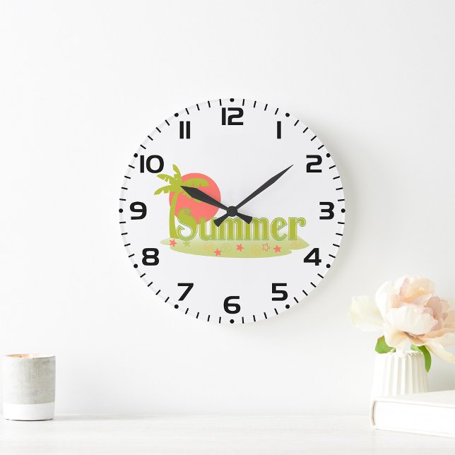 Handflatan Träd Sommaren med Sol och Beach Stor Klocka (Skapare uppladdad)