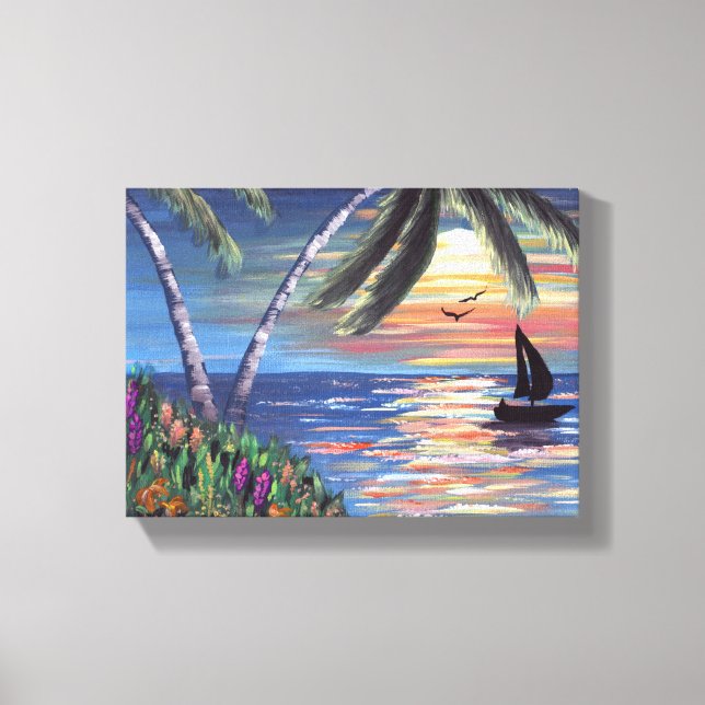 Handflatan Träd Sunset Ocean Painting Canvastryck (Framsida)