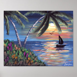 Handflatan Träd Sunset Ocean Painting Poster