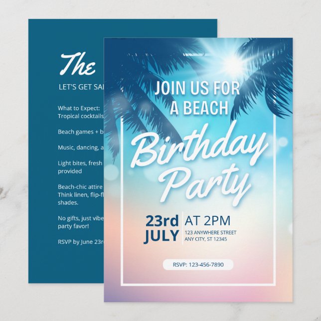 Handflatan Träd Sunset Vuxen Beach Birthday Inbjudningar (Fram/baksida)