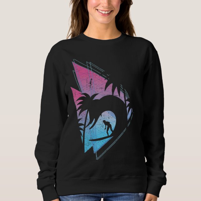 Handflatan Träd Synthwave Vågar Surfing Vaporwave  T Shirt (Framsida)