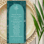 Handflatan Träd Teal Beach Wedding Meny<br><div class="desc">Vita teckningsbilder av handflatan löv över grönten med vit text och handflatan träd över tealbåge med gräns.</div>