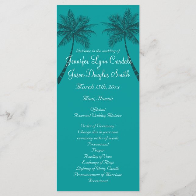 Handflatan Träd Teal Blue Beach Wedding Program (Framsida)