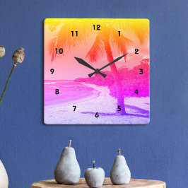 Handflatan Träd Tropical Beach Orange Rosa Lila O Fyrkantig Klocka