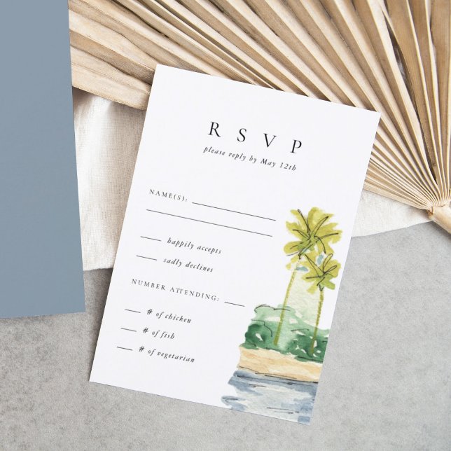Handflatan Träd Tropical Beach Wedding OSA Kort (Watercolor palm trees beach scene tropical wedding RSVP response enclosure card.)
