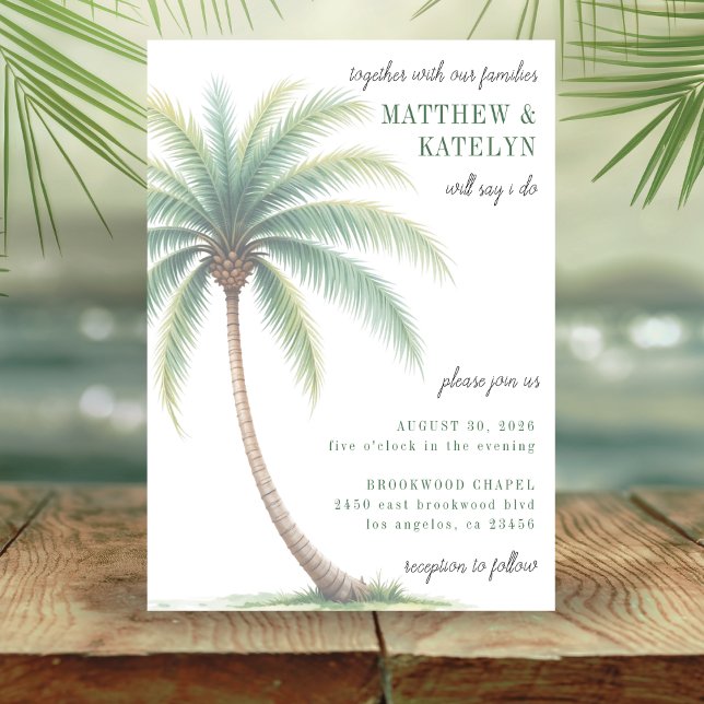 Handflatan Träd Tropiska ön Vatercolor Grönt Bröll Inbjudningar (Palm Tree Island Destination Wedding Invitation)