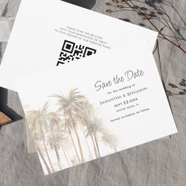 Handflatan Träd typografi QR-kod Spara datum Spara Datumet (Palm Trees QR Code Wedding Save the Date Announcement)
