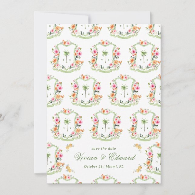 Handflatan Träd Vapensköld Monogram Summer Boho Be Spara Datumet (Framsida)