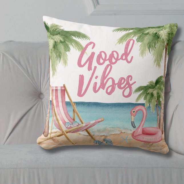 Handflatan Träd vattenfärgssegment Kudde (Colorful Good Vibes Palm Tree Watercolor Beach Throw Pillow)