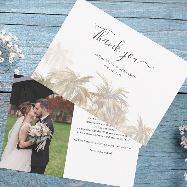 Handflatan Träd Watercolor Photo Bröllop Tack Kort (Palm Tree Wedding Photo Thank You Card)