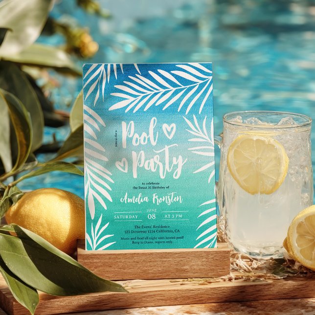 Handflatan Tropical Blue Ombre Sweet 16 Bassäng Pa Inbjudningar (Palm Tropical Blue Ombre Sweet 16 Pool Party Invitation)
