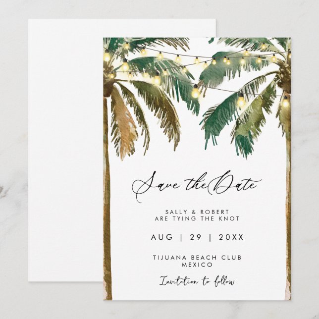 handflatan, tropiska träd ljus, spara datumkortet tack kort (Fram/baksida)