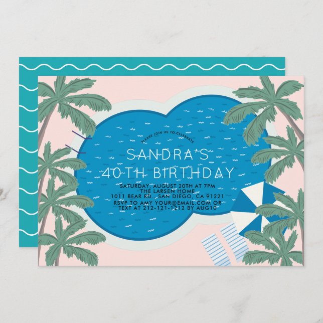 Handflatan Vår Bassäng Party Rosa Vuxen födelsedag Inbjudningar (Fram/baksida)